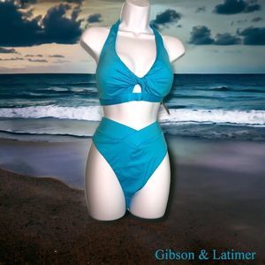 Gibson & Latimer Solid Bikini Twist Front Halter Scoop Front Bottoms